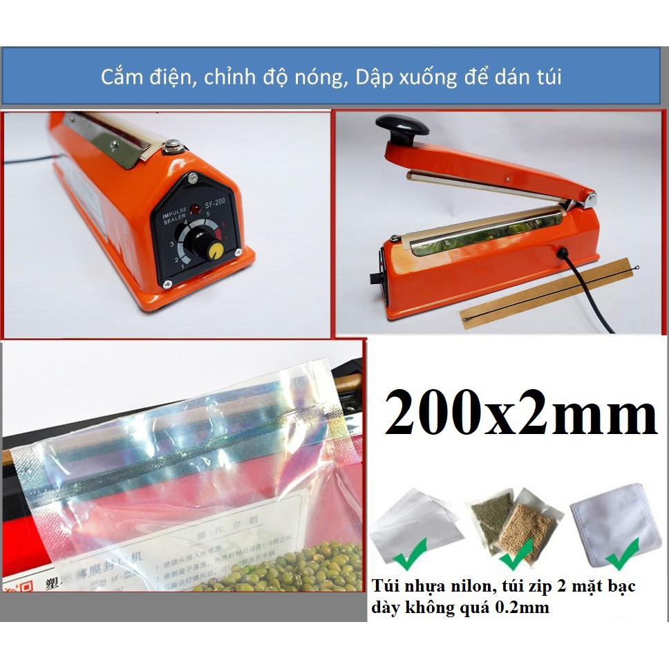 (200x2mm) MÁY HÀN VỎ SẮT sơn tĩnh điện 200mm - Hàn túi zip bạc, nilon PP/PE, đường hàn 20cmx2mm, bảo hành 3 tháng