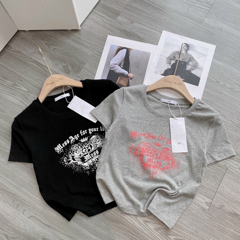 Áo croptop thun chất đẹp in hình chữ Mess hàng Quảng Châu