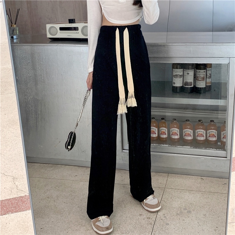 Quần Thể Thao Màu Đen Ống Rộng Phối Dây Rút Phong Cách Hàn Quốc Cho Nữ Đủ Size Phong Cách Ulzzang