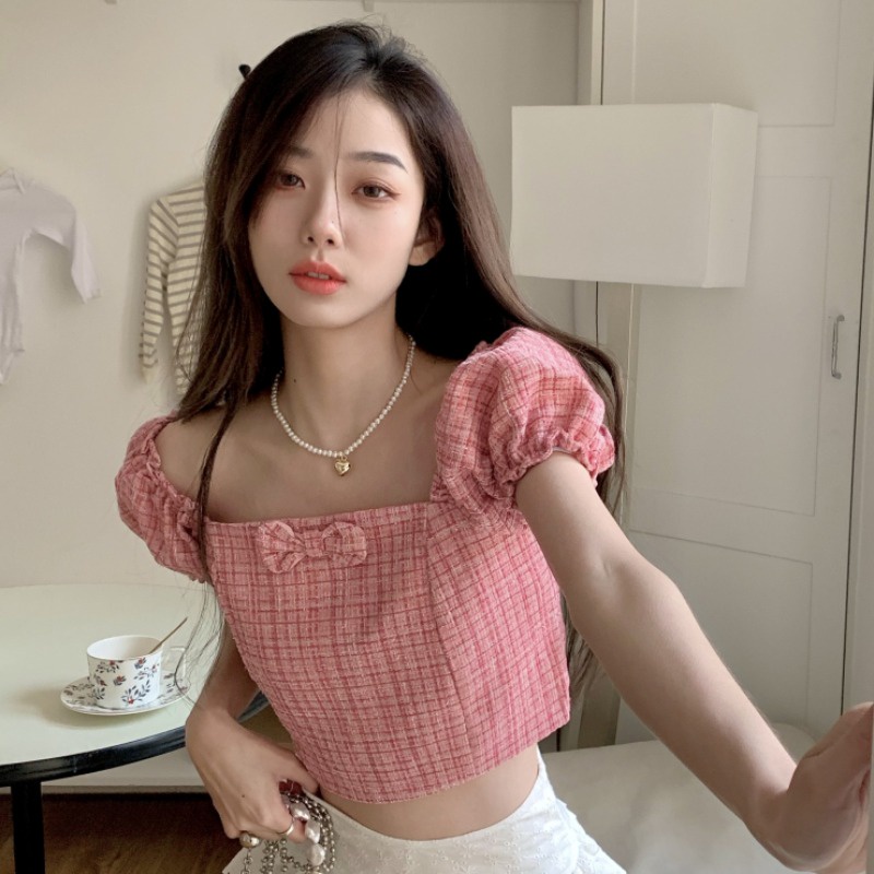 Áo Croptop Cổ Vuông Tay Phồng Họa Tiết Sọc Caro Màu Tím Ngọt Ngào Thời Trang Mùa Hè Cho Nữ