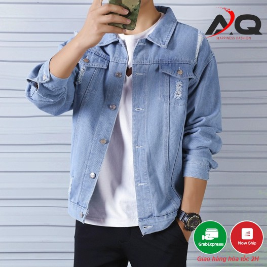 Áo Khoác Bò Rin Jean Nam Jeans Rách Vai Xanh Thời Trang Cá Tính Năng Động Bụi Bặm Unisex- AQ STORE