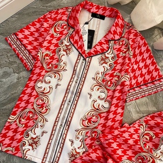 PIJAMA TAY NGẮN CÔNG ĐỎ LỤA XƯỚC U009.