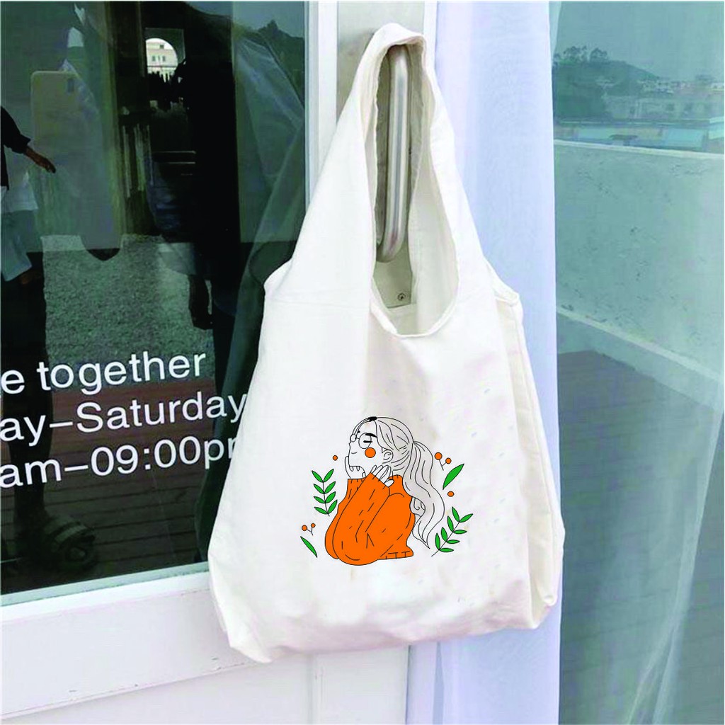 Túi tote vải canvas mềm in hình cô gái áo cam dễ thương