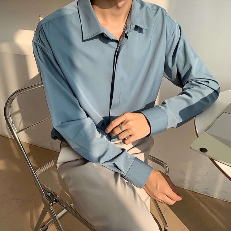 Áo sơ mi dài tay màu trơn dáng rộng phong cách Hàn Quốc tinh tế thanh lịch dành cho nam | BigBuy360 - bigbuy360.vn
