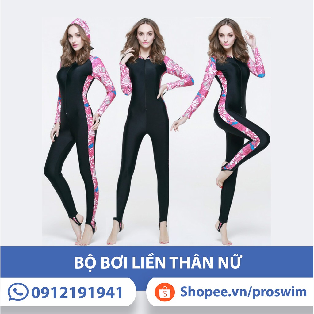 Áo Bơi Nữ Liền Quần Kín Đáo Dài Tới Gót SBART 1009 Có Mũ - Đen Hồng