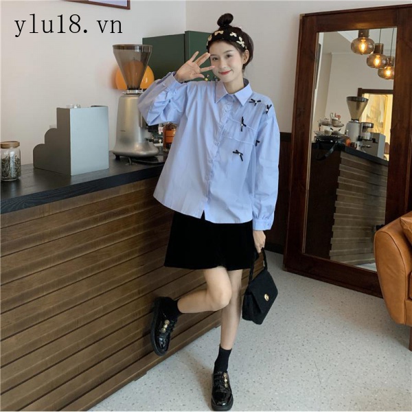 Áo Sơ Mi Xanh Dương Tay Dài Phong Cách Pháp Thời Trang Mùa Xuân 2022 Mới Cho Nữ