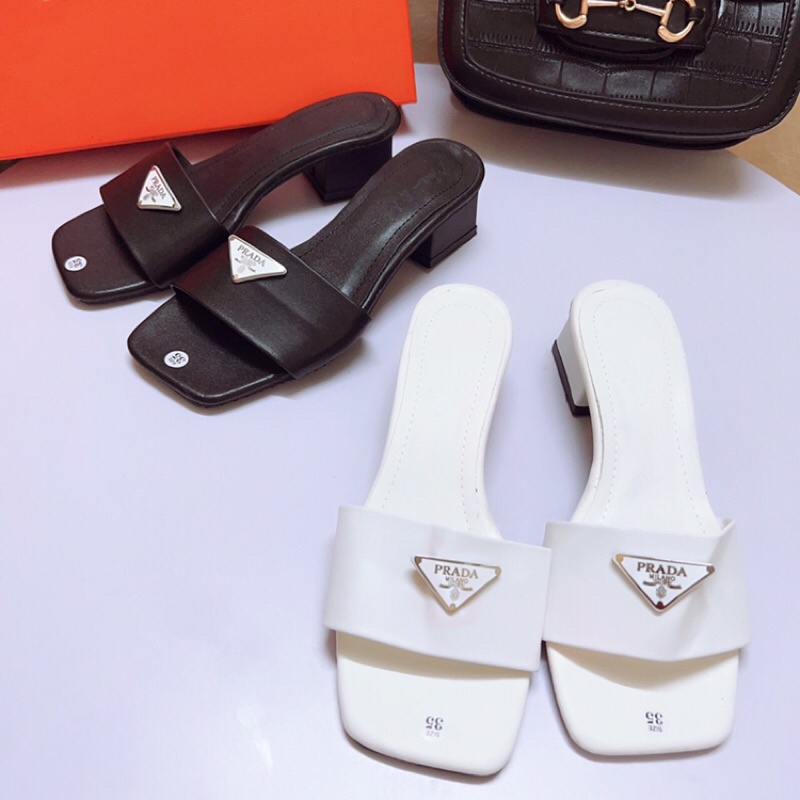 BÁN SỈ Dép cao gót quai bản tag Prad da lì gót vuông 4p-Ảnh thật
