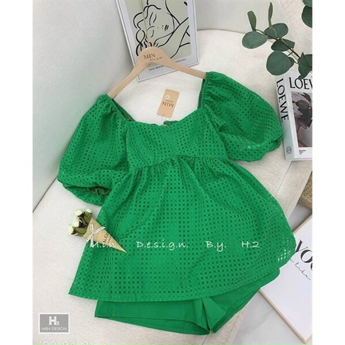 Sét bộ đồ nữ cộc tay cổ vuông tay bồng ngắn - kèm quần đùi chất óng ánh cao cấp vải mềm kiểu dáng babydoll cực xinh B007