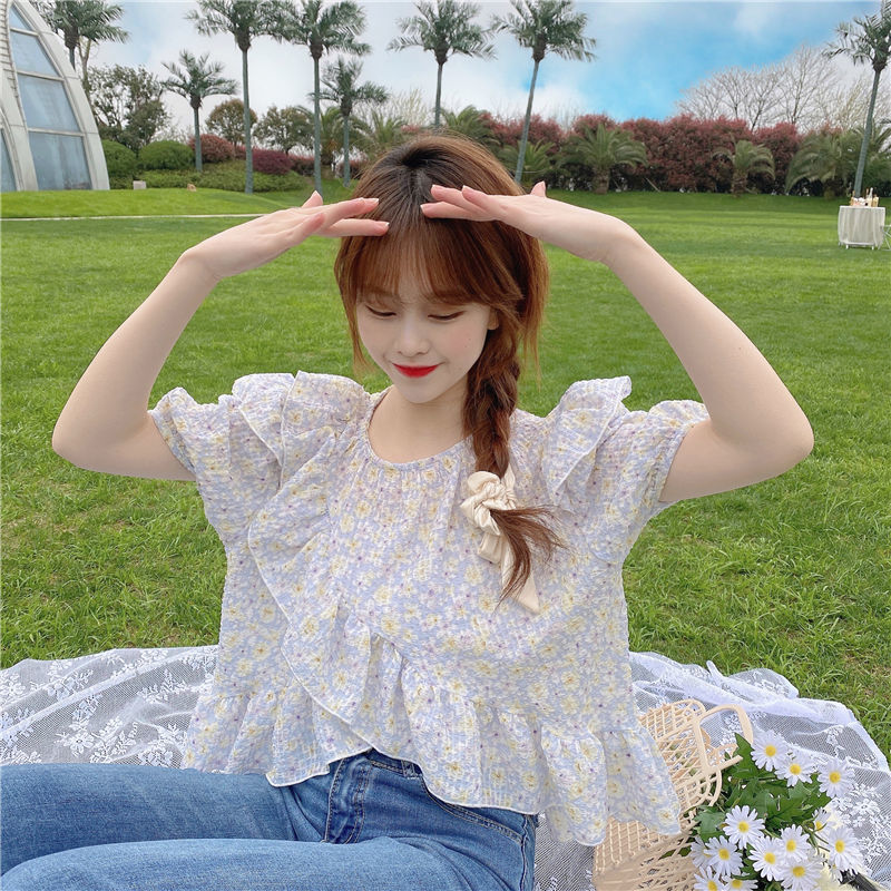 Áo Thun Nữ Tay Ngắn Cổ Tròn In Hoa Phong Cách Hàn Quốc 2021