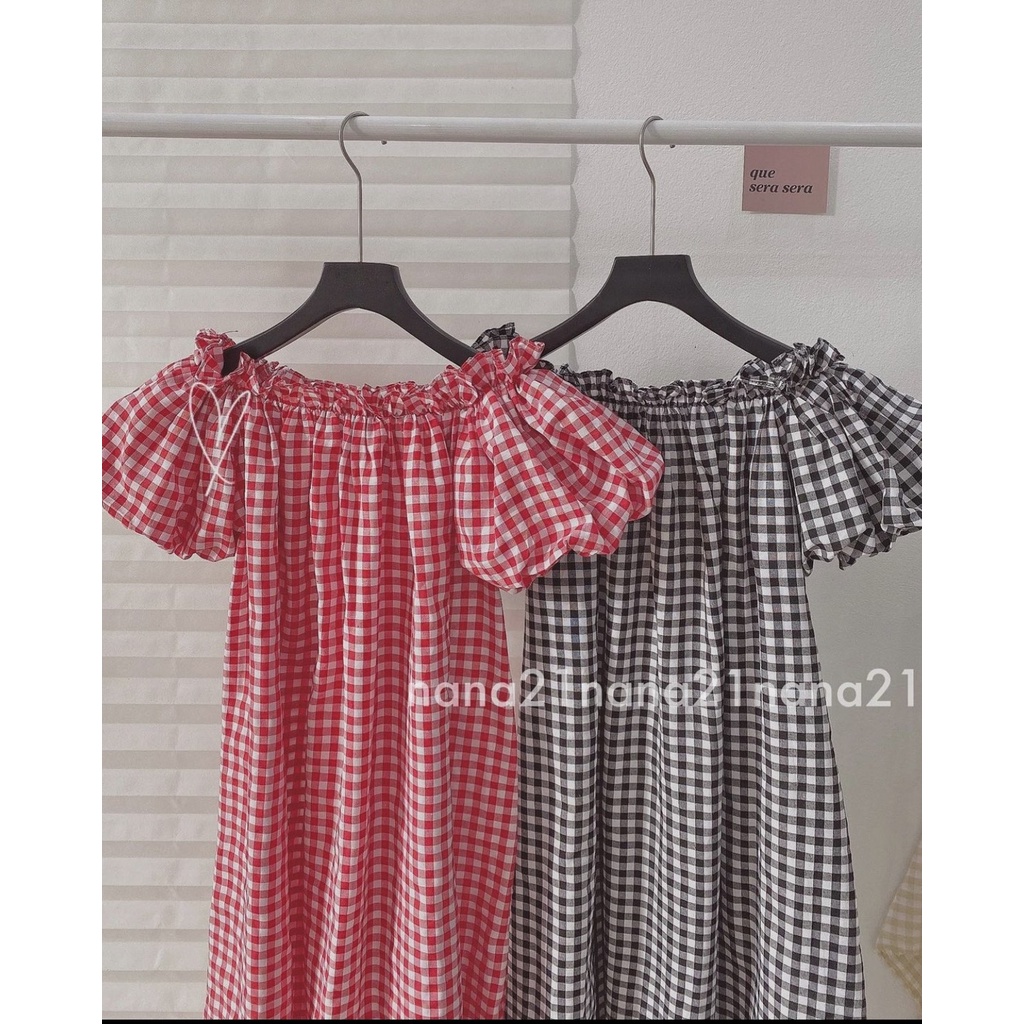 Váy kẻ maxi babydoll dài 110cm, đầm đi biển trễ vai dáng suông