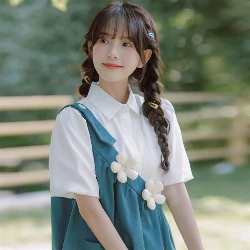 Bộ Áo Sơ Mi Tay Ngắn Dáng Rộng + Đầm Hai Dây Thời Trang Mùa Hè Hàn Quốc 2022