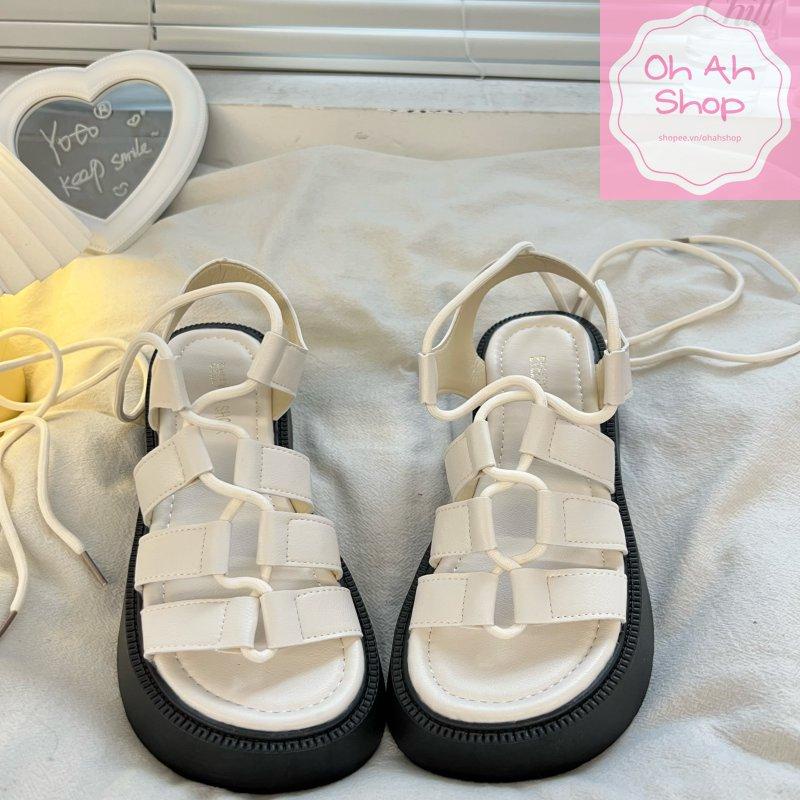 Giày Sandal Đi Học Buộc Dây Cá Tính Mẫu Mới Nhất Loại 1 Đế Cao 4.5cm Màu Trắng