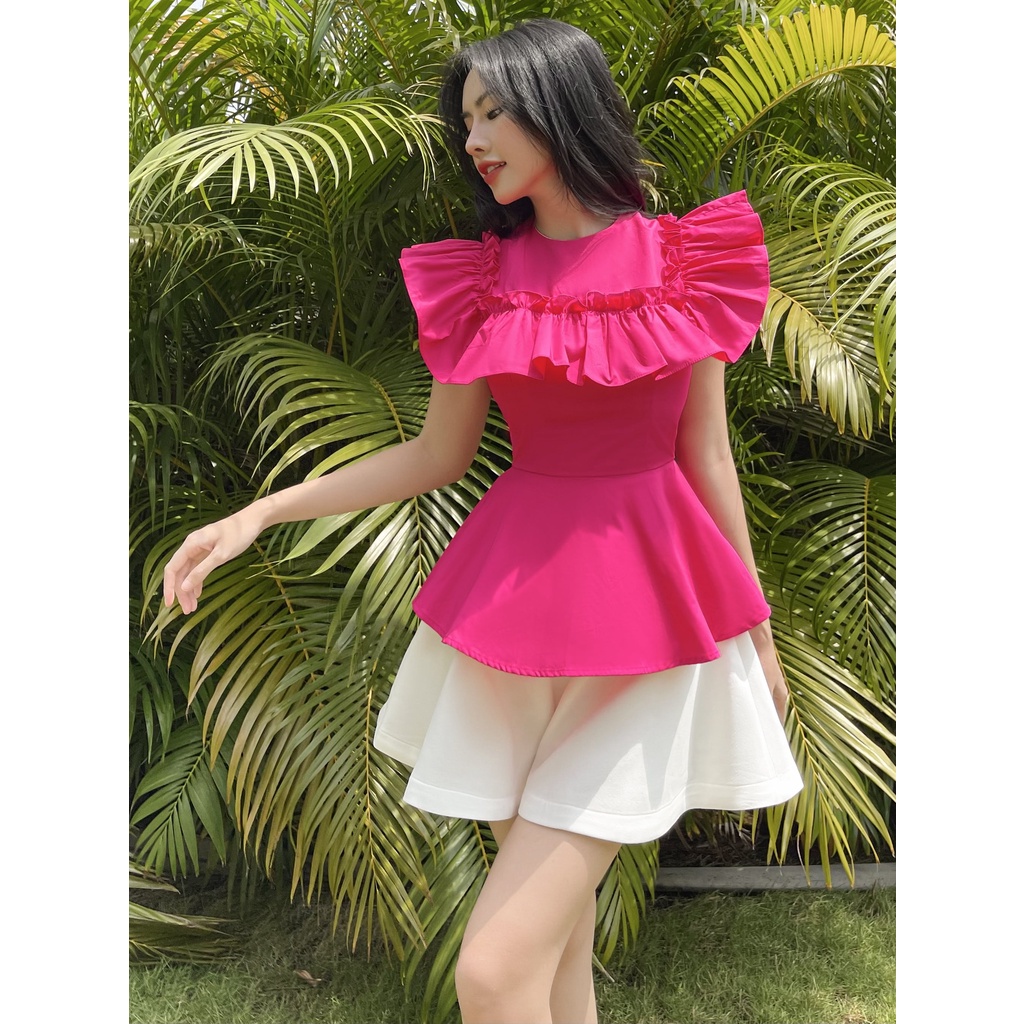 RECHIC Áo kiểu nữ Hebe cổ tròn viền bèo chiết eo xòe xinh xắn thanh lịch sang trọng đi làm đi tiệc