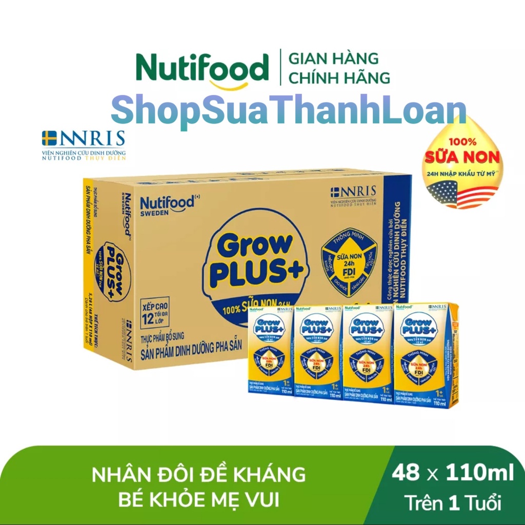 [HSD T2-2024] Thùng 48 Hộp SBPS Nutifood GrowPLUS+ Sữa Non (Vàng) 110ml.