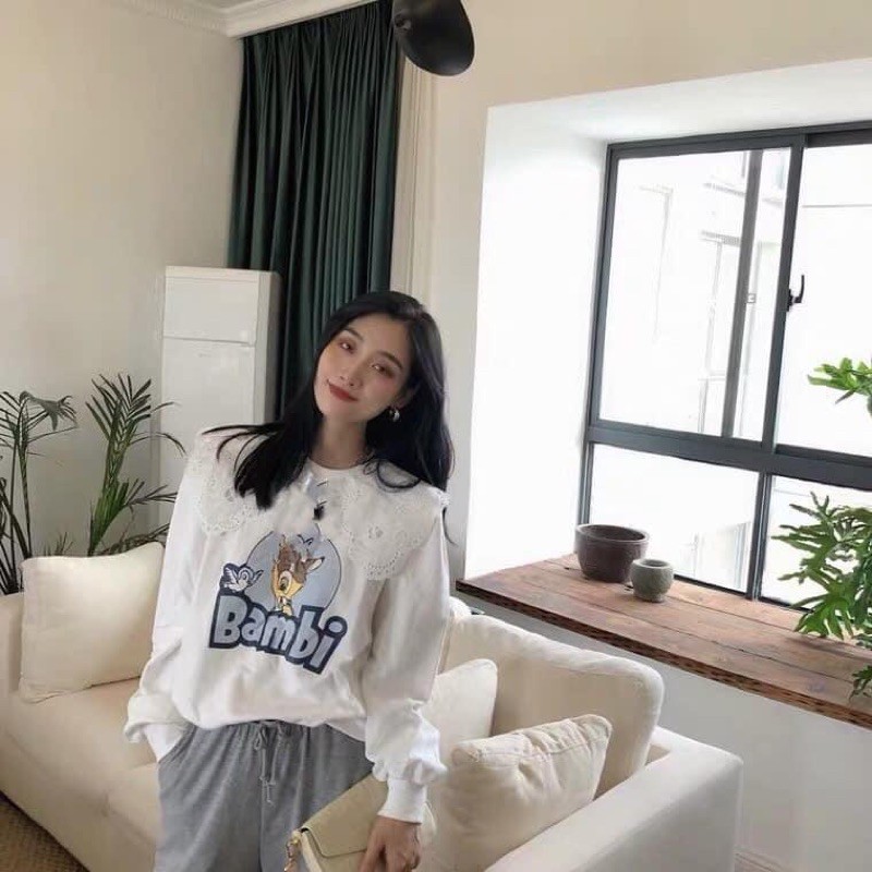 Áo Nỉ Bông Nữ Cổ Ren - Áo Nỉ Bông Bambi- Áo nữ hoạt hình | BigBuy360 - bigbuy360.vn