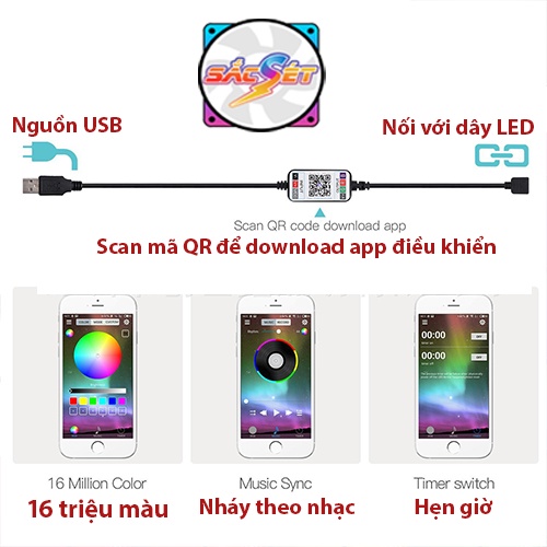 DÂY LED RGB NHÁY THEO NHẠC, kết nối USB, hơn 20 chế độ và điều khiển bằng Bluetooth qua điện thoại.