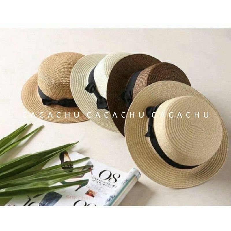 Mũ cói đi biển đi chơi dạo phố vành nhỏ nơ đen xinh xắn siêu đẹp giá lẻ bằng giá sỉ CACACHU M02, nón cói nữ thời trang