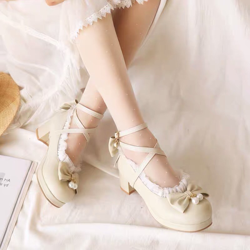 [20 mẫu] Giày lolita nơ lụa đế vuông cao ren đính đá nơ da[HÀNG KHÔNG CÓ SẴN - ORDER 10-25 NGÀY]