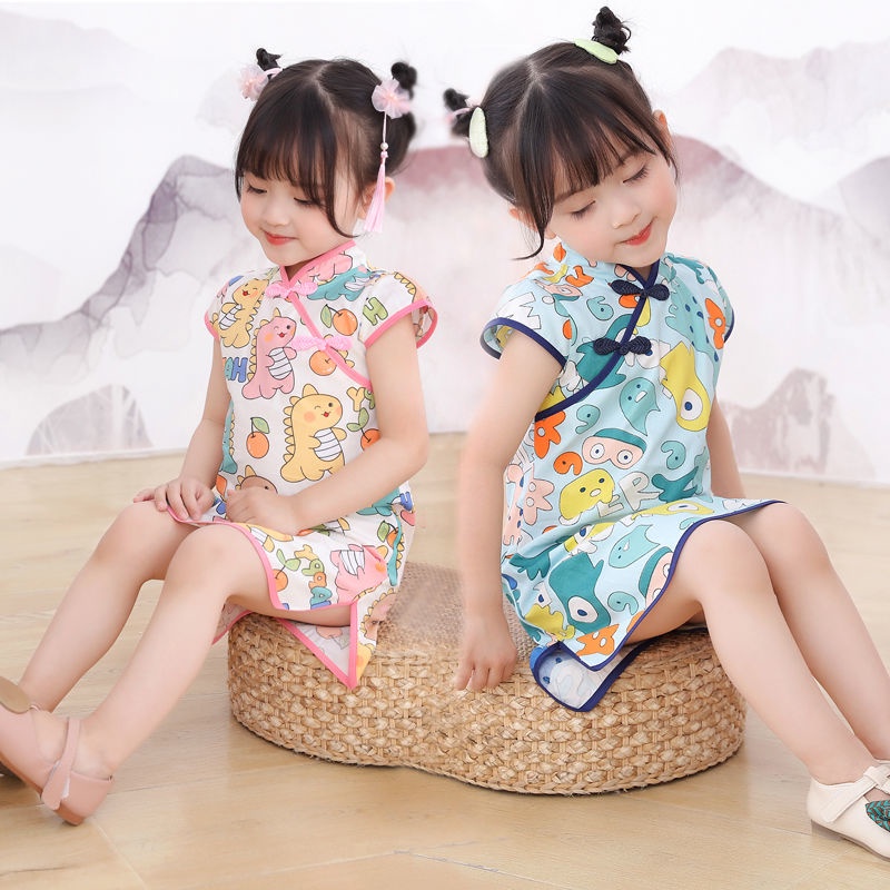 Đầm Sườn Xám Ngắn Tay Họa Tiết Hoạt Hình Thời Trang Mùa Hè Dành Cho Bé Gái