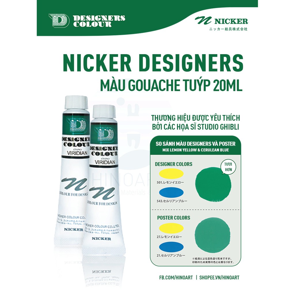 Tông xanh lá màu Gouache Nicker Design Color - tuýp 20ml - lẻ