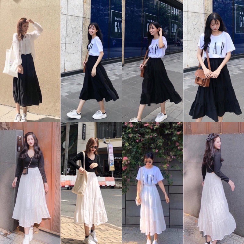 Chân váy midi xếp ly 💖FREESHIP💖chân váy dáng dài 3 tầng ullzang AD15 | BigBuy360 - bigbuy360.vn