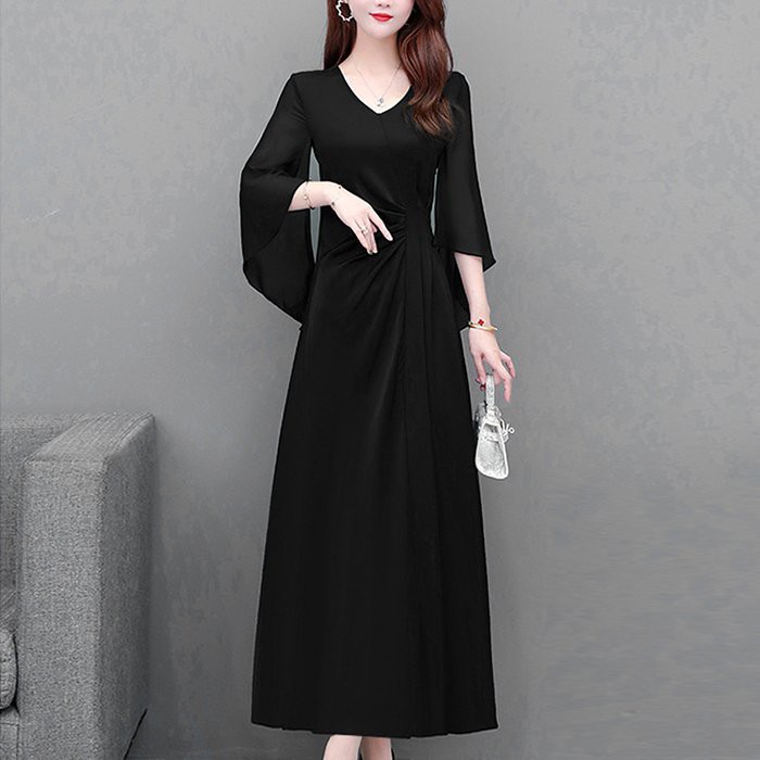 GOTI  Đầm Xòe Dạ Hội Cao Cấp Tay Cánh Tiên Dài Màu Đen Trơn, Đỏ Nhún Eo 3312