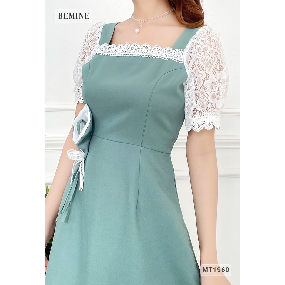 Đầm nữ cổ vuông tay phối ren hoa eo BEMINE MT1960XANH | BigBuy360 - bigbuy360.vn
