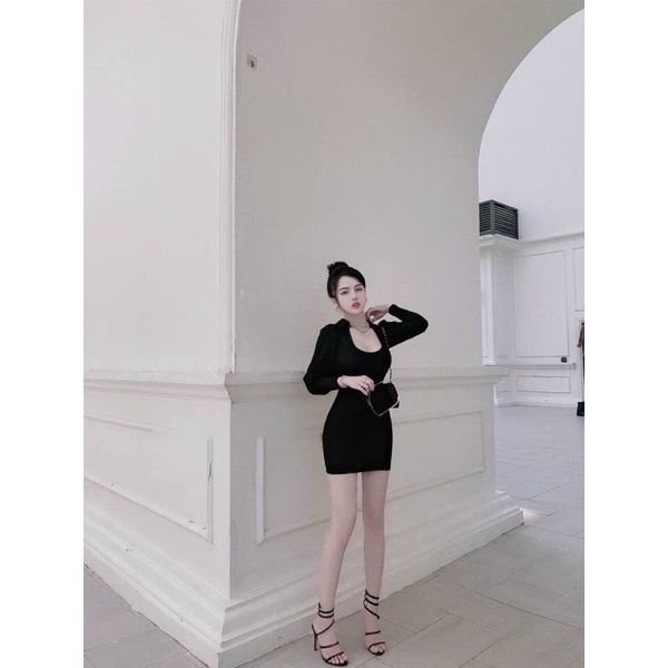 Đầm Váy Nữ Ôm Body Dài Tay Bo Gấu Cổ Chữ U Cách Điệu Sang Sịn Mịn hàng thiết kế by Chens