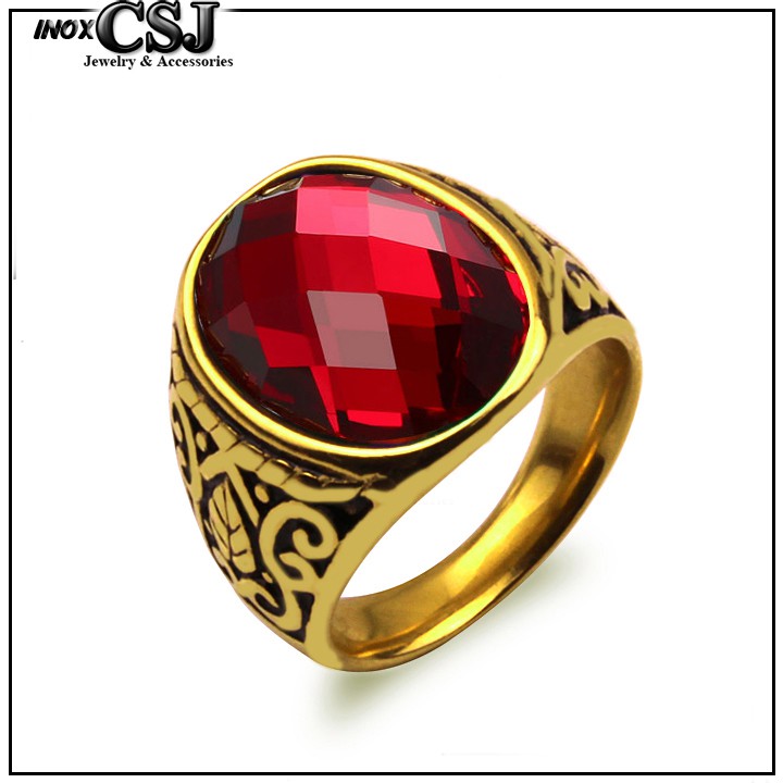 NHẪN NAM INOX MẠ VÀNG ĐÁ ĐỎ ĐỘC ĐẸP - tặng hộp đựng xinh xắn