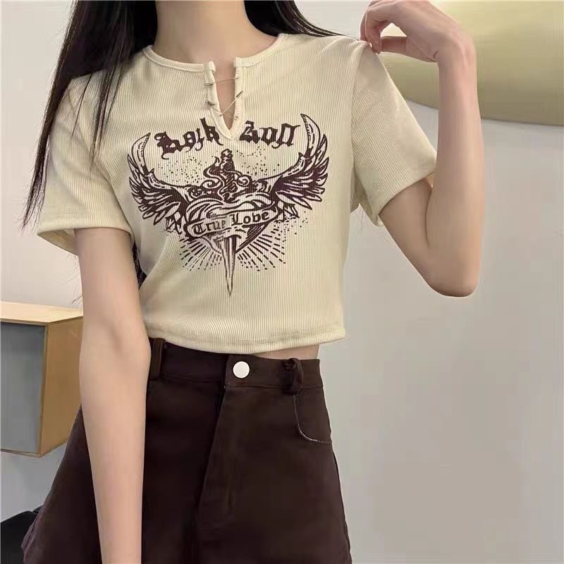 Áo tanktop MMIOT Y2K cổ chữ V in họa tiết phong cách gothic harajuku thời trang mùa hè 2023 cho nữ