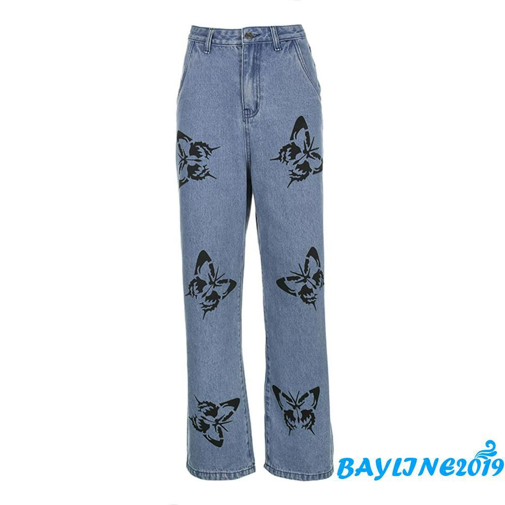 Quần jean dài lưng cao họa tiết bướm thời trang năng động cho nữ