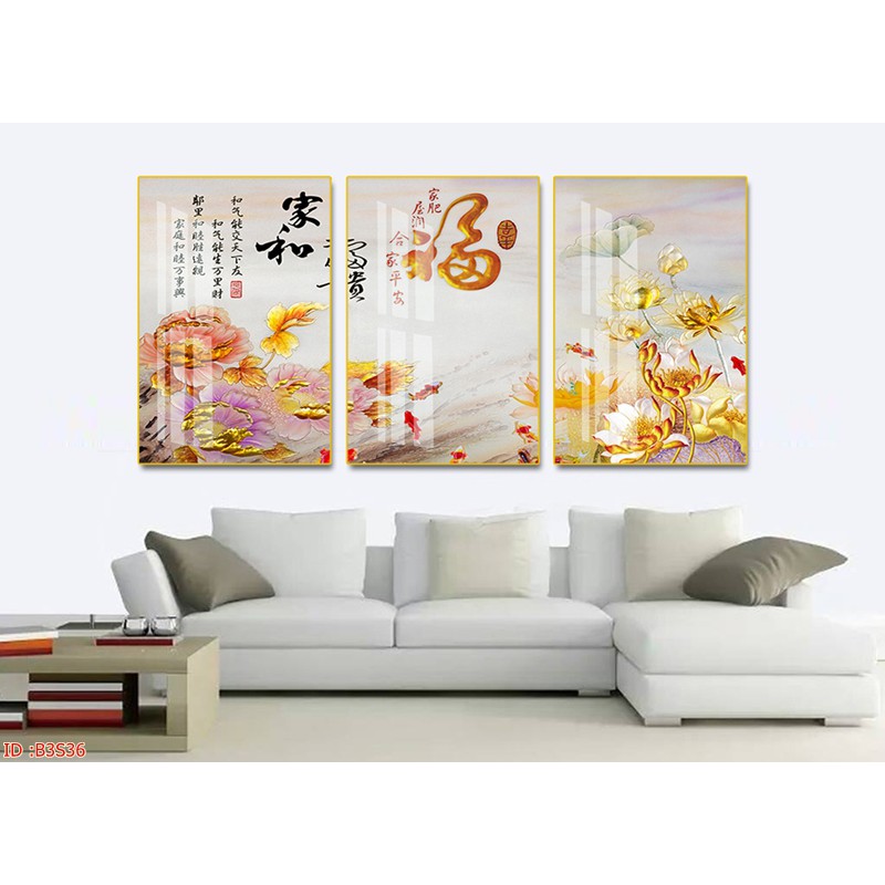 Tranh treo tường in UV - Tranh treo phòng khách - tranh hoa sen bộ 3 bức 40x60cm (có tráng gương bóng)