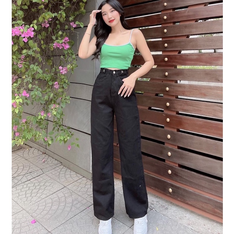 [ MÃNH HỔ ] QUẦN JEANS ỐNG RỘNG NỮ LƯNG CAO MÀU ĐEN PHỐI CẠP CHỈNH CAO CẤP HADI LAI CUỐN SIÊU MỀM MỊN CỰC HOT HIT