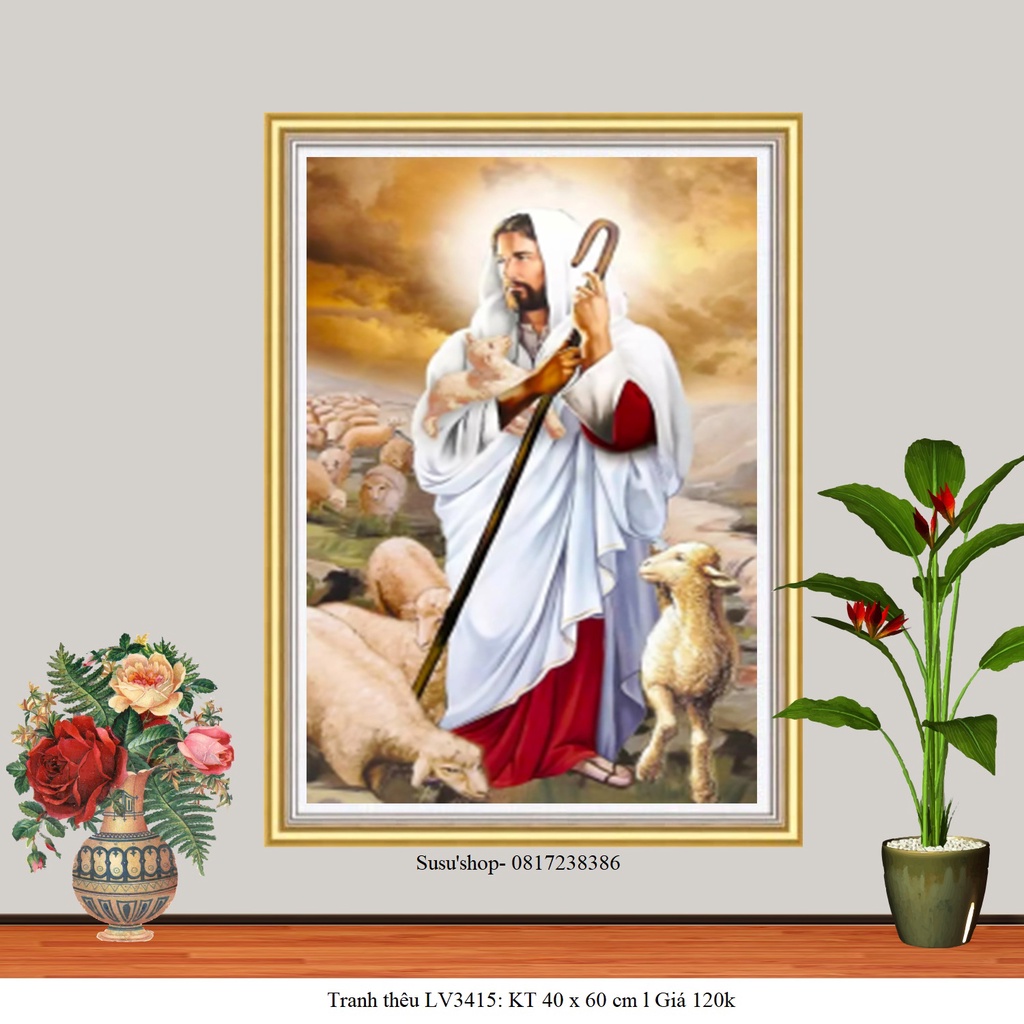 Tranh thêu chữ thập ( giá sỉ) Chúa Jesu chăn cừu LV3415 (40x60cm)