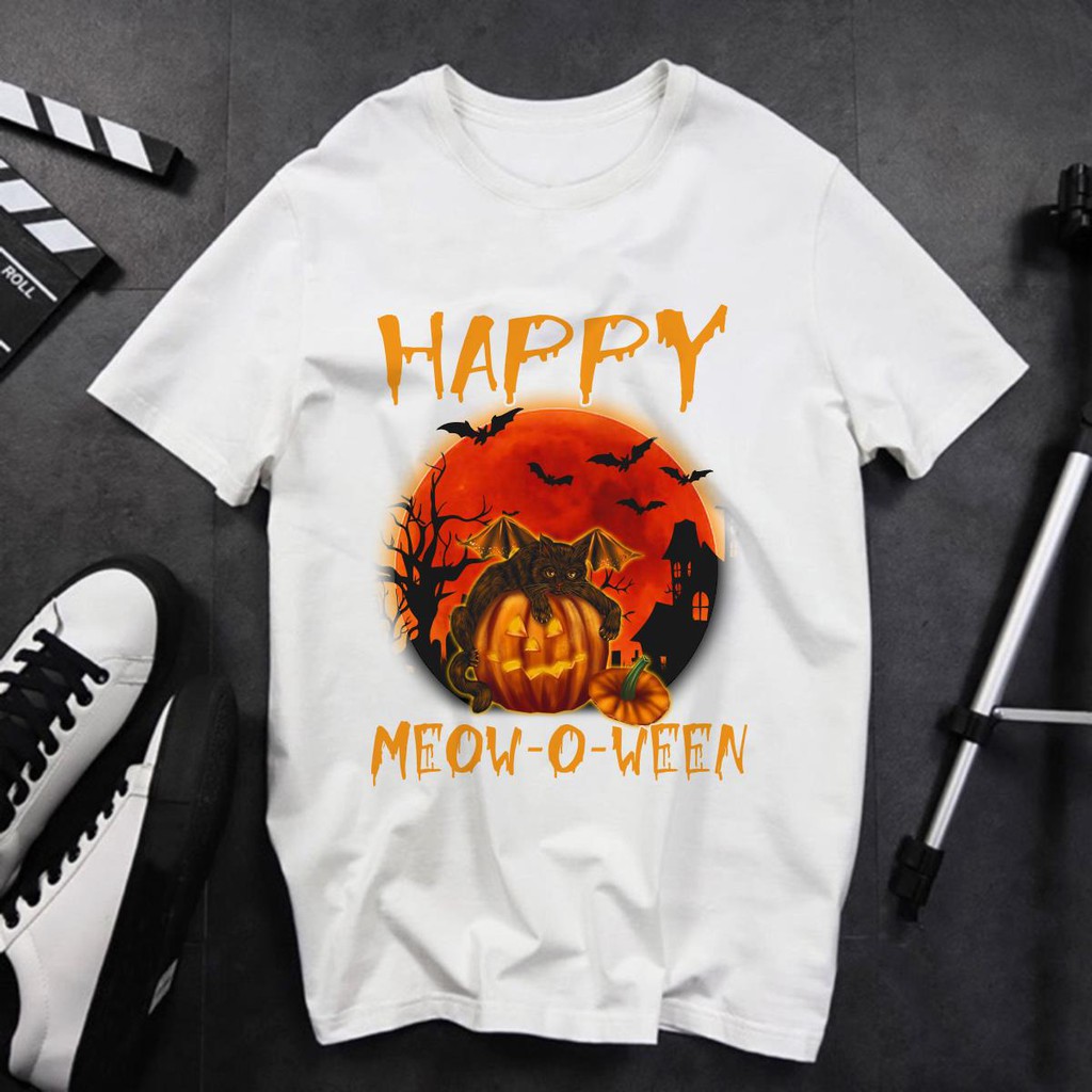ÁO THUN UNISEX HALLOWEEN Happy Meow TAY NGẮN TAY LỠ NAM VÀ NỮ AOMI IN HÌNH SIÊU HOT AOMIVN