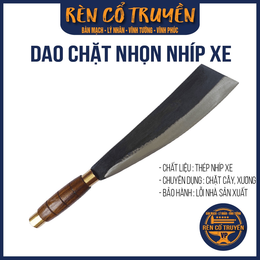 Dao Chặt đầu nhọn thép nhíp xe ô tô - khâu Inox - cán gỗ chặt dừa, chặt xương, thái thịt,...rèn thủ công Lý Nhân