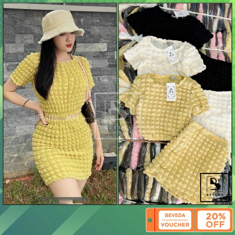 Set Áo Croptop Tay Ngắn - Chân Váy A Có Lót Trong Chất Xốp