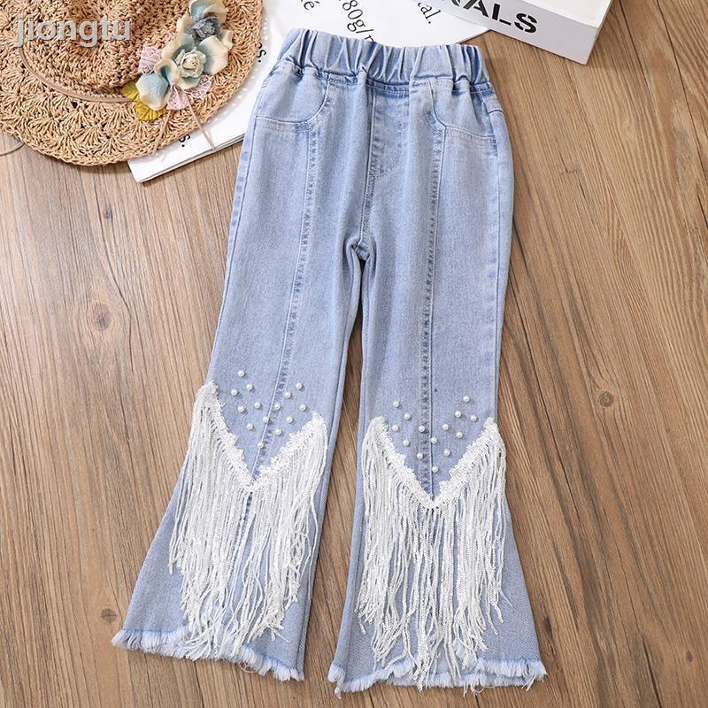 Quần Jeans Ống Loe Phối Lưới Đính Ngọc Trai Phong Cách Hàn Quốc Cho Bé Gái