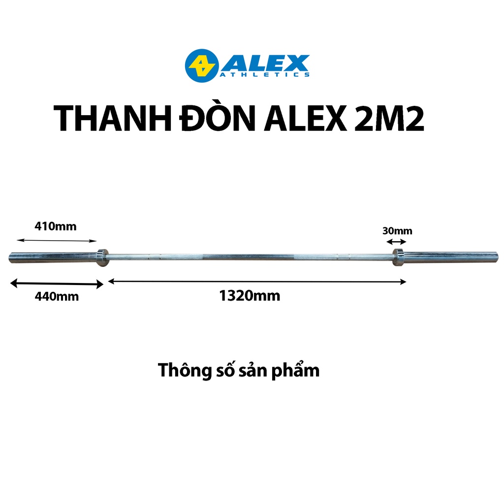 Thanh Đòn Tạ Barbell Cao Cấp ALEX  Chính Hãng 2.2m, Phi 50mm 4 ổ Bi Xoay Chuẩn Olympic Tải 340kg