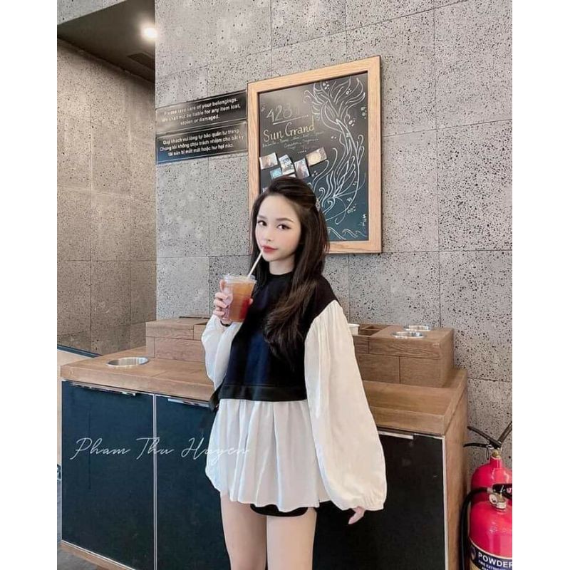 [SIÊU HÓT] Áo Len Phối Sơ Mi - Áo Sơ Mi Phối Buộc Eo