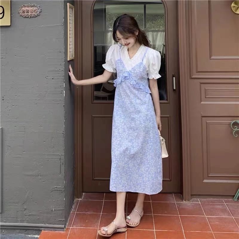 Đầm Giả Hai Mảnh Cổ Chữ V Thiết Kế Mỏng Nhẹ Ngọt Ngào Phong Cách Pháp Mới Cho Nữ