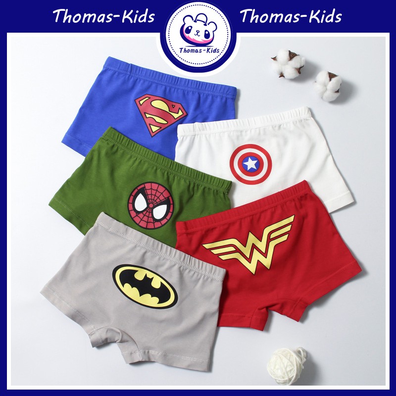 Set 5 Quần Lót Boxer Cotton Kháng Khuẩn In Họa Tiết Hoạt Hình Siêu Anh Hùng Thoải Mái An Toàn Cho Bé Trai 3-12 Tuổi