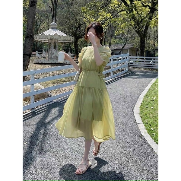 Đầm midi xanh lá voan tơ rút eo