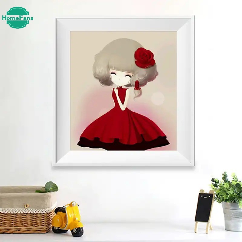 Bộ tranh đính đá 5D tự làm 30X40CM hình cô gái và hoa dễ thương