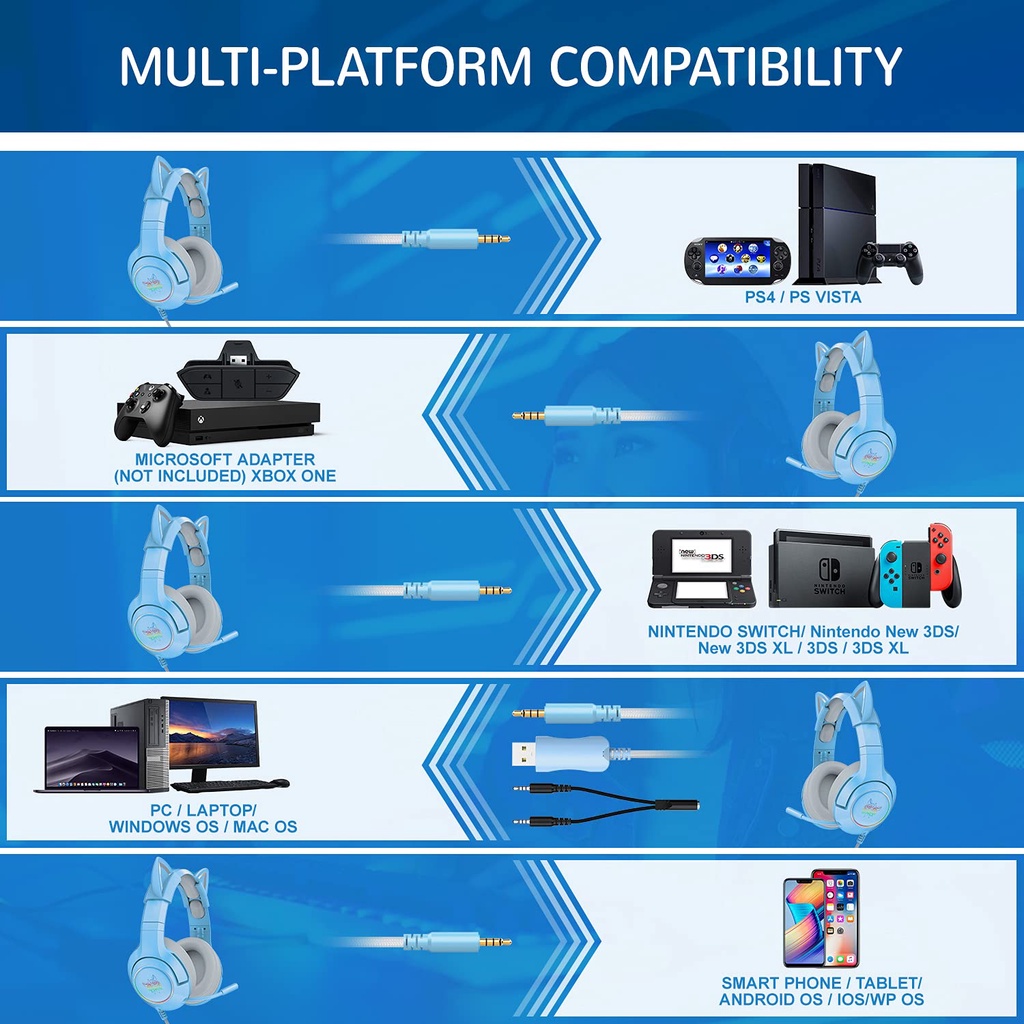 Tai nghe chơi game Màu xanh ONIKUMA K9 có mic, với tai mèo có thể tháo rời, có RGB, Headphone Gaming, Cho PC Laptop