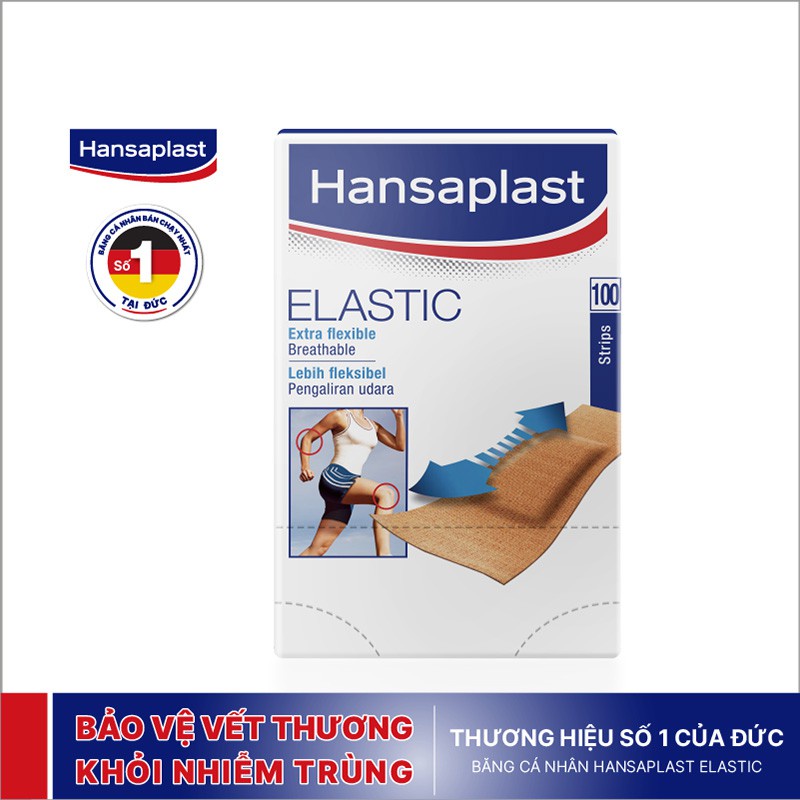 Băng cá nhân Hansaplast Elastic (hộp 20 miếng) - Bằng vải co giãn và cực kỳ thoáng khí - Thương hiệu số 1 của Đức