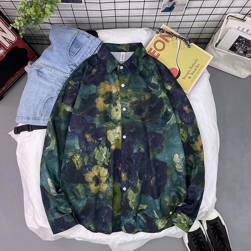 Áo sơ mi dài tay dáng rộng thời trang in tranh sơn dầu phong cách Hàn Quốc