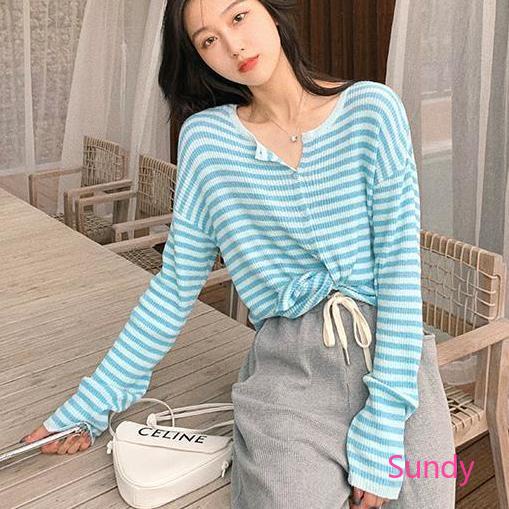 Áo cardigan dệt kim cổ tròn dáng rộng kẻ sọc phong cách retro Hàn Quốc cho nữ
