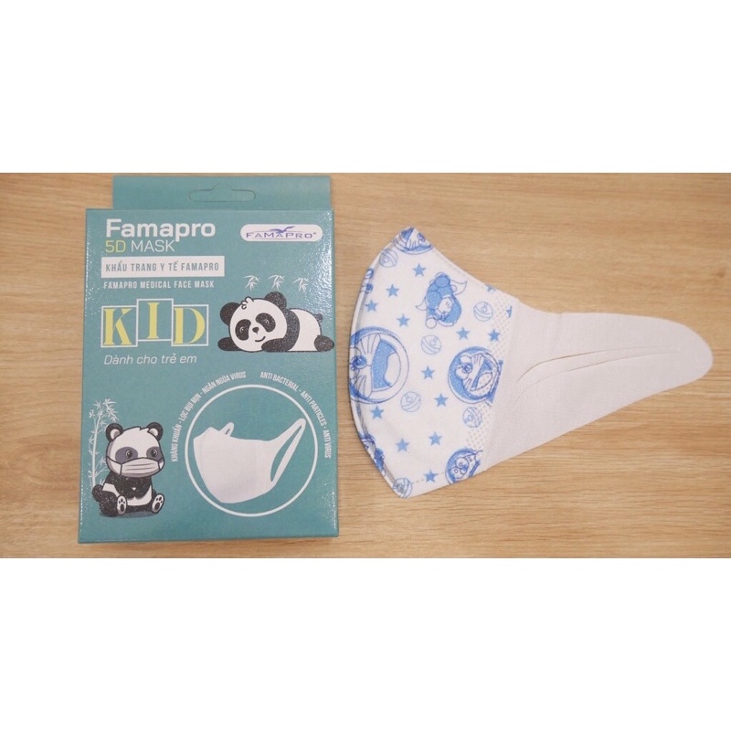 Hộp 10 cái khẩu trang trẻ em 5d Famapro/khẩu trang quai vải 5d