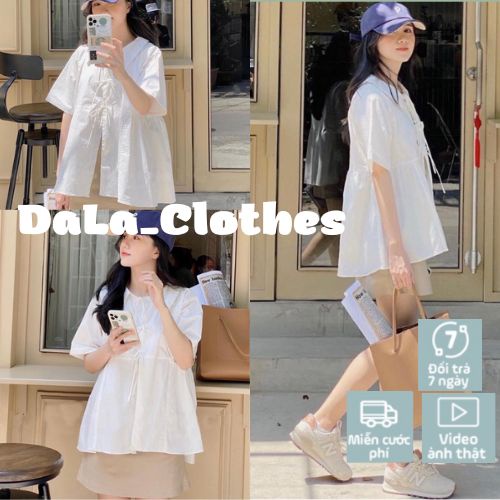 Set đồ áo babydoll cộc tay kèm chân váy kaki freesize phom suông rộng tiểu thư hàn quốc